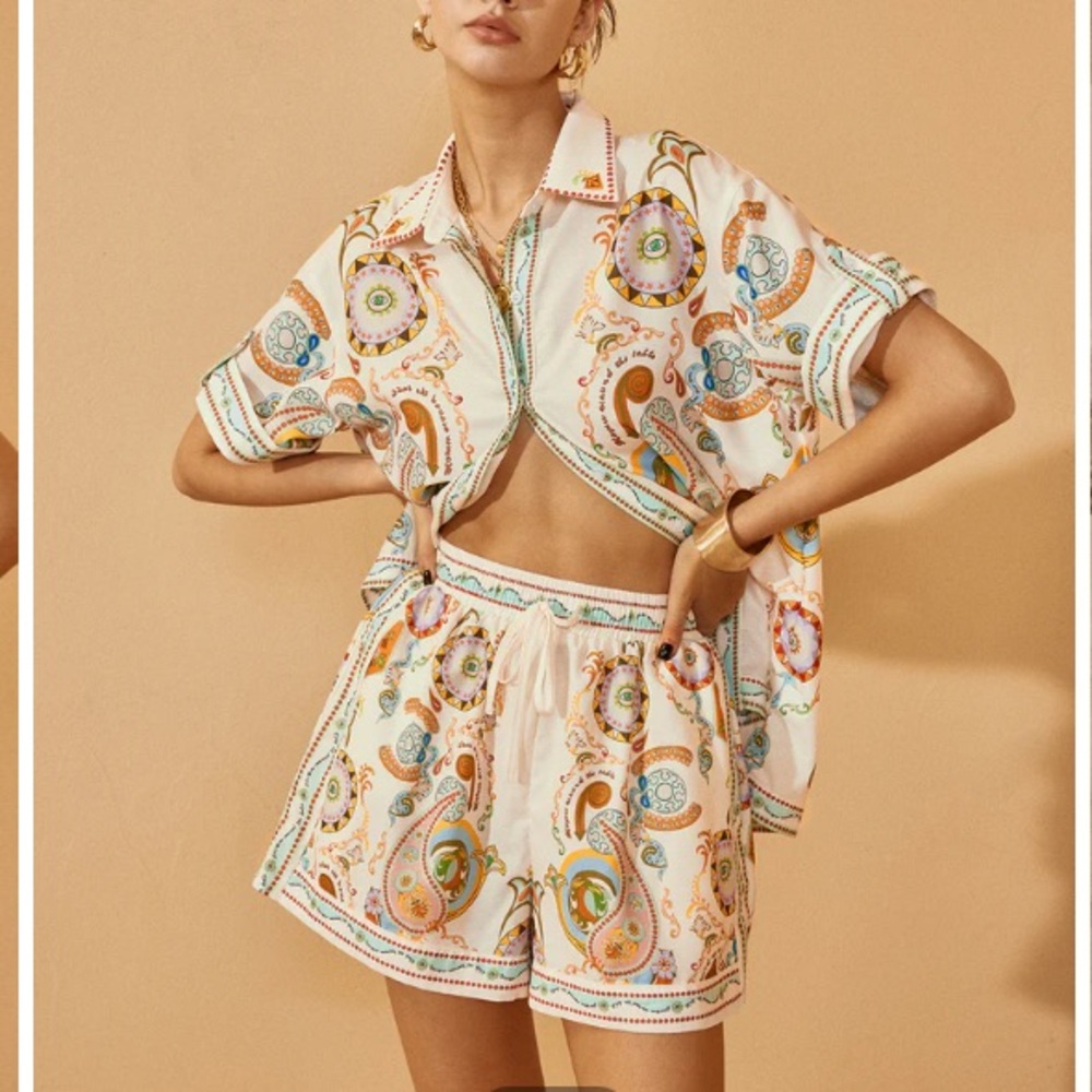 COMMENSE Set Paisley Ivory Blue Print Button Down Shirt & Shorts NWT